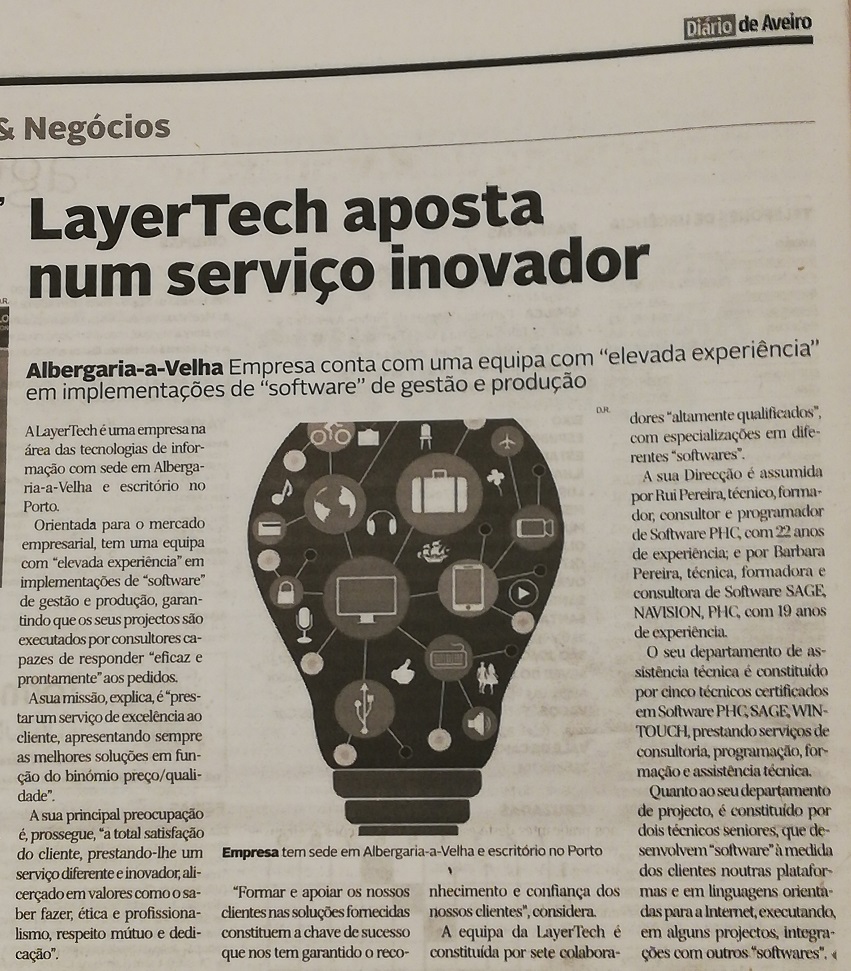 Layertech é noticia no Diário de Aveiro no suplemento de Economia / Empresas & Negócios
